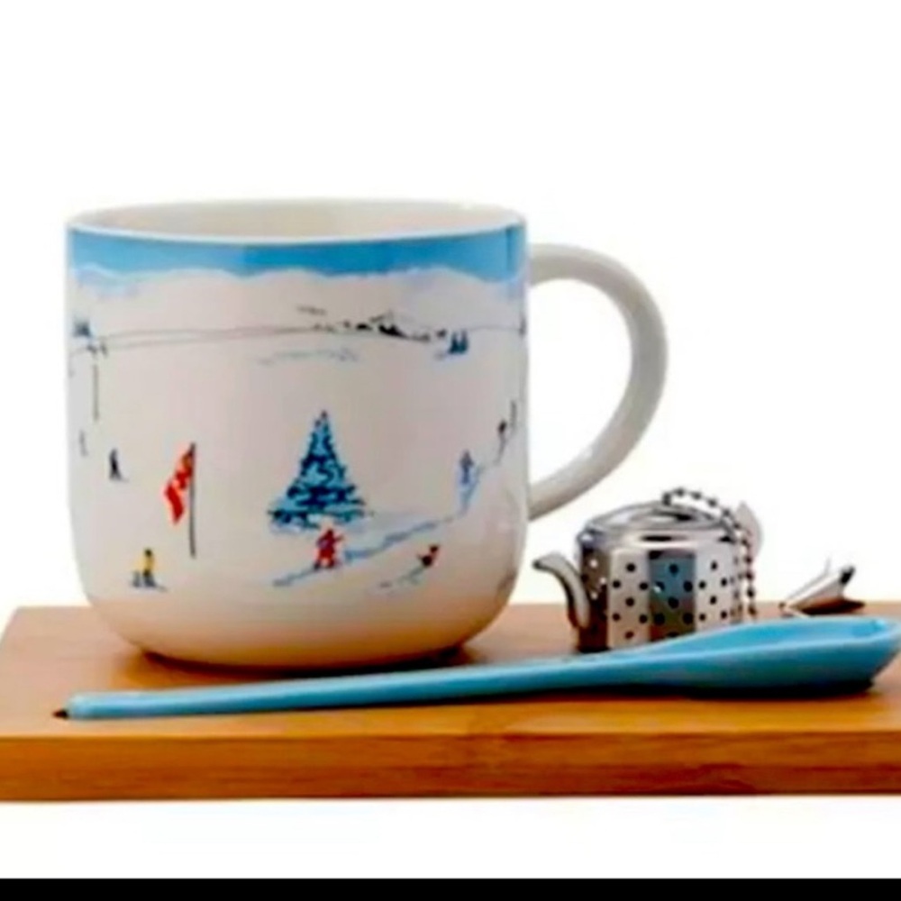 Indigo Ski Scene Tea Set with Red Accents